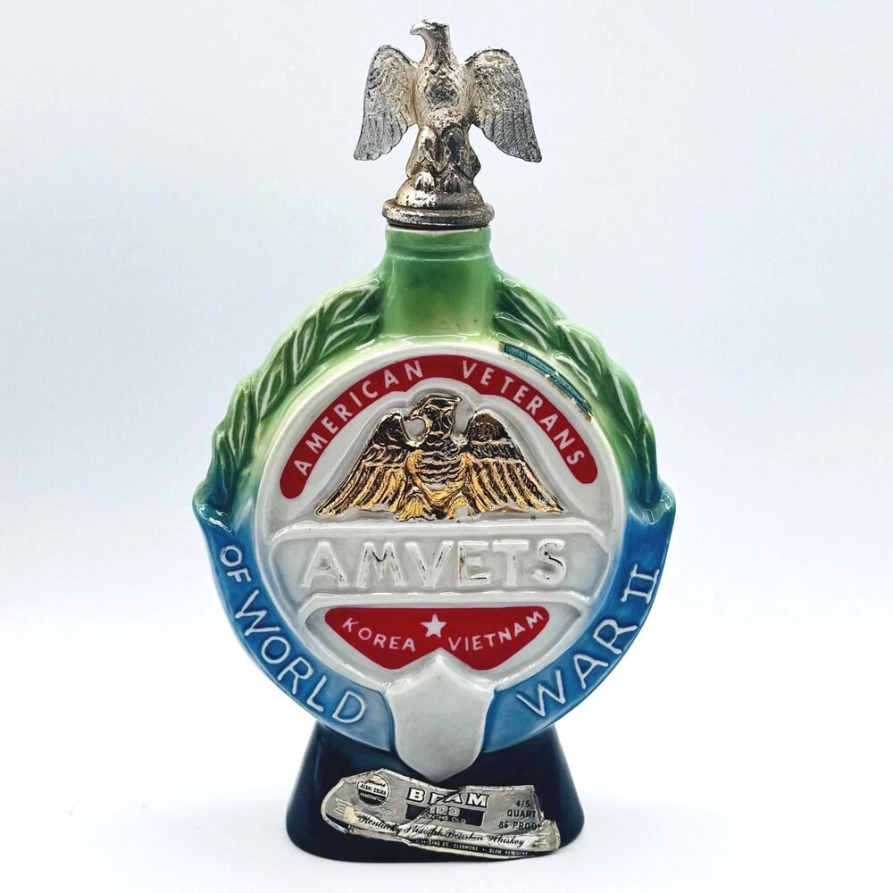 1970 Jim Beam AMVETS 25th Anniversary Decanter WWII Korea Vietnam Empty Vintage